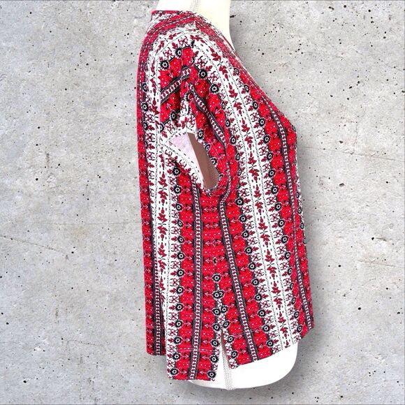 J. Jill Wearever Sleeveless Blouse Red White Black Floral Boxy Small Petite SP - Picture 6 of 10